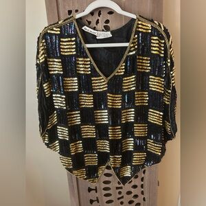 ‘80s Socialite Black and Gold Formal Sequin Blouse